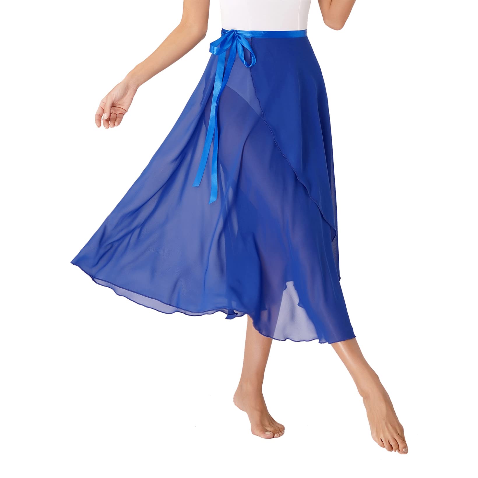JanJean Women Sheer Chiffon Midi Wrap Skirt Ballet Lyrical Dance Skirt Hip Scarf High Waist Overlay Royal Blue One Size