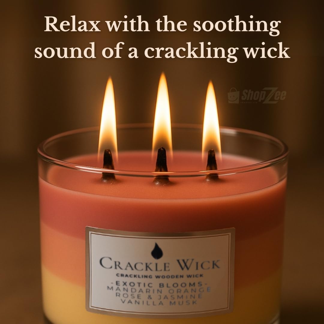 Crackle Wick - Candela profumata a 3 strati in legno con 3 stoppini, in elegante barattolo di vetro con coperchio, con guida ai consigli di sicurezza ShopZee (1,2 kg, fiori esotici