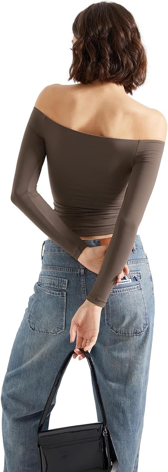 SUUKSESS Women Off Shoulder Double Lined Long Sleeve Shirts Basic Going Out Tops - Image 4