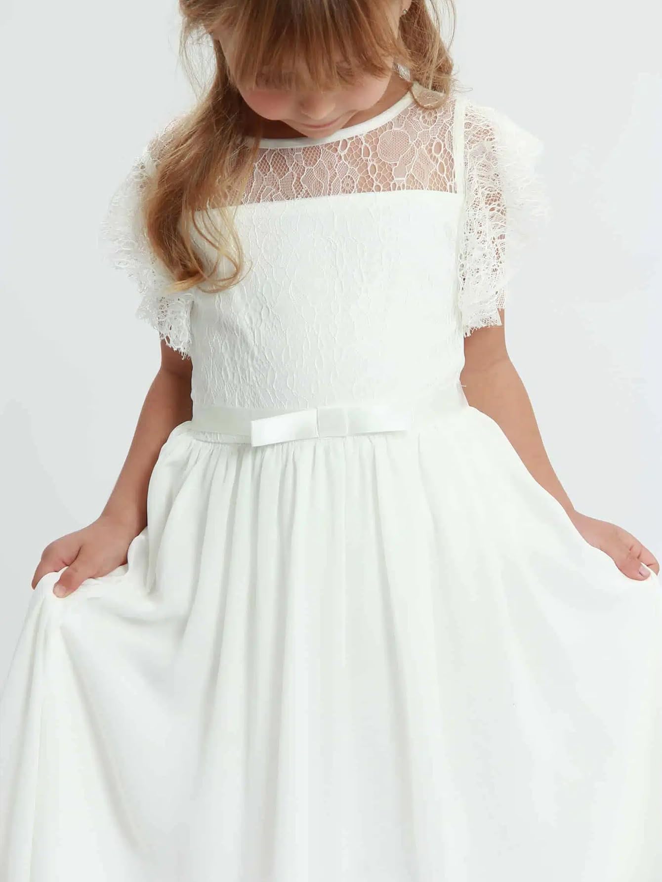 Boho Longue robe en dentelle pour enfants Robe en mousseline de soie avec ceinture et manches courtes papillonsChic Aligne Robes de communion Robes de demoiselle d'honneur Robes de demoiselle