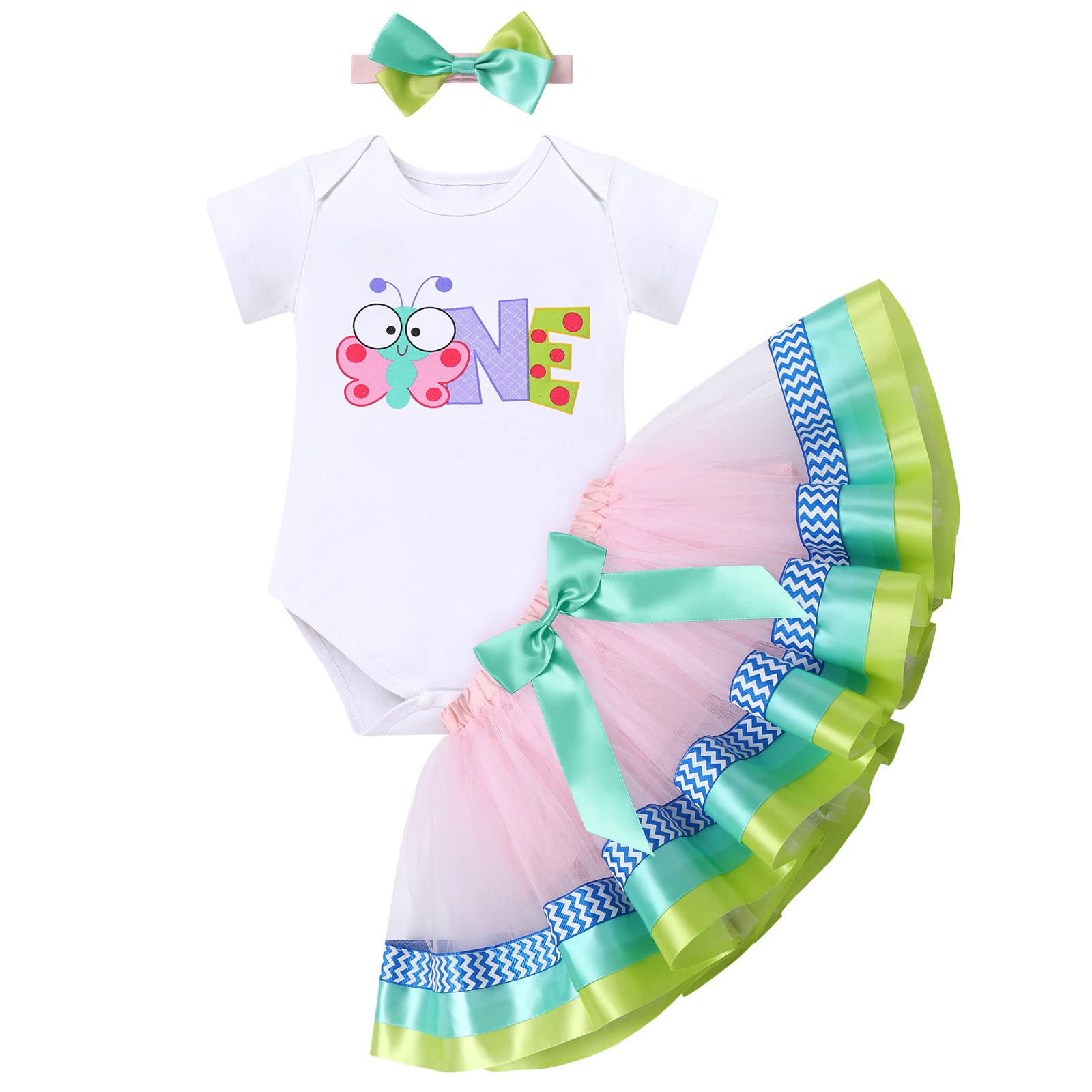 Baby Girls Butterfly 1st Birthday Outfit Butterfly Theme Birthday Party Romper + Tutu Skirt + Headband Butterfly Bowknot Tutu Dress 3PCS Clothes Set for Cake Smash Photo Props Green Butterfly 1 Year