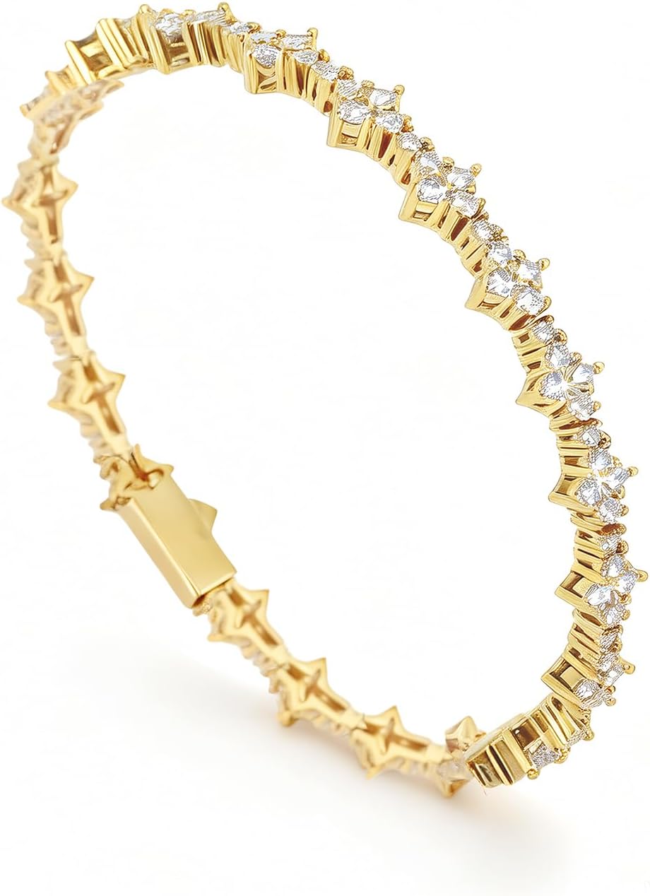 LENYIDABI 18K Gold Plated 6.5mm Men's Tennis Bracelet, Iced Out Clover Cross Hip Hop Bracelet, 5A Cubic Zirconia Wax Setting Jewelry, Secure Spring Clasp, 7-9 Inch Luxury Gift for Him