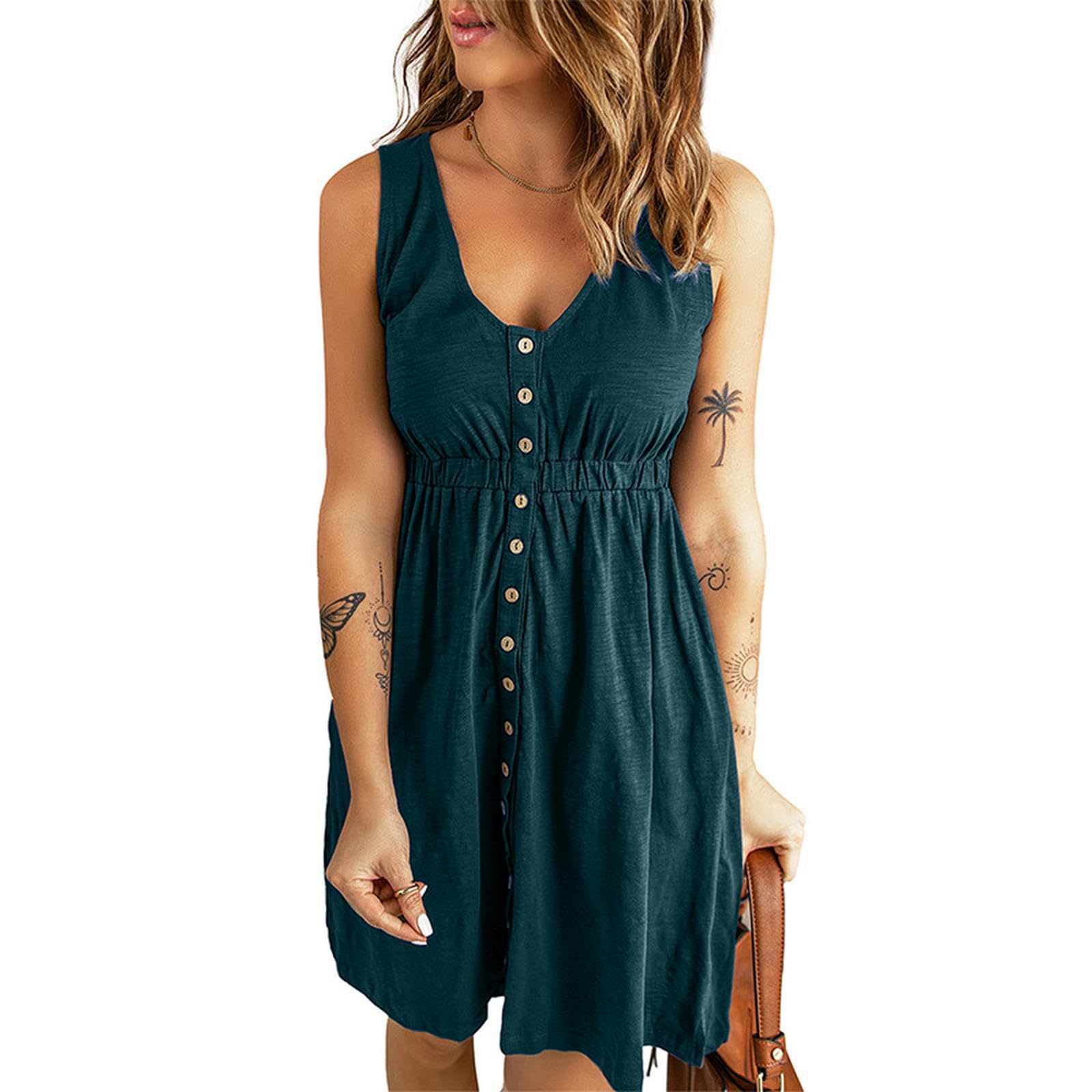 Robe d'été sans manches avec col en v plongeant et longueur aux genoux