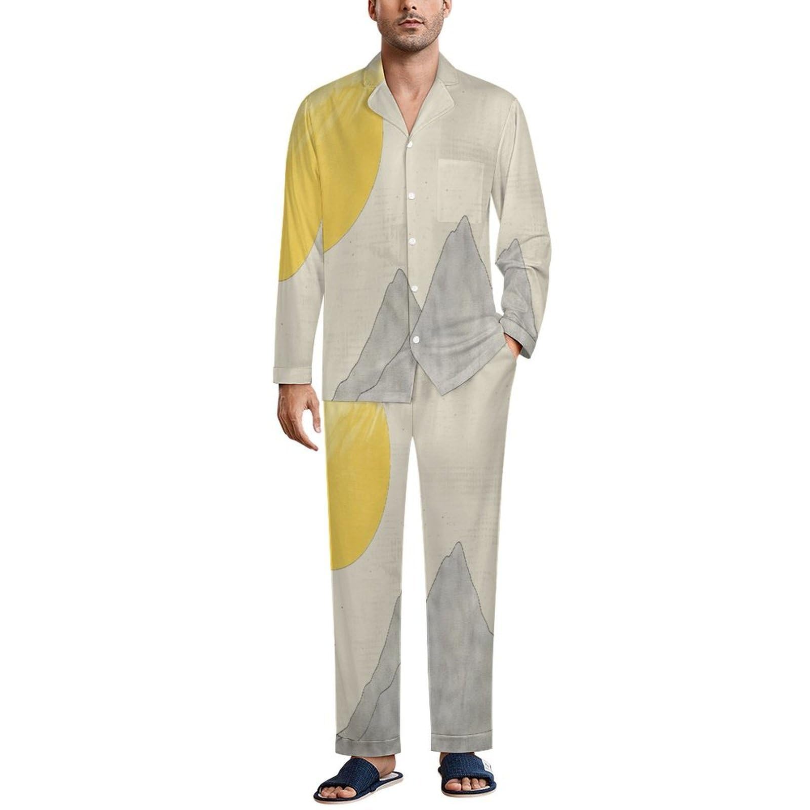 Pigiama Albicocca Uomo Cotone Biancheria da Notte Manica Lunga con Bottoni Coulisse Traspirante Montagne del Sole Set Pigiama Uomo Vestiti sopra e Giù