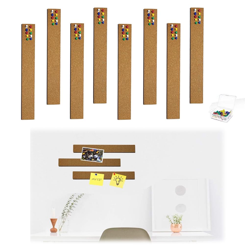 SYOSI Self-Adhesive Cork Strips, 8-Pack Cork Bulletin Bar Strips 12" x 2"x0.25" with 50 Push Pins - Ideal for Office, School, and Home Decoration, Office Learning Home Decoration Memo Board
