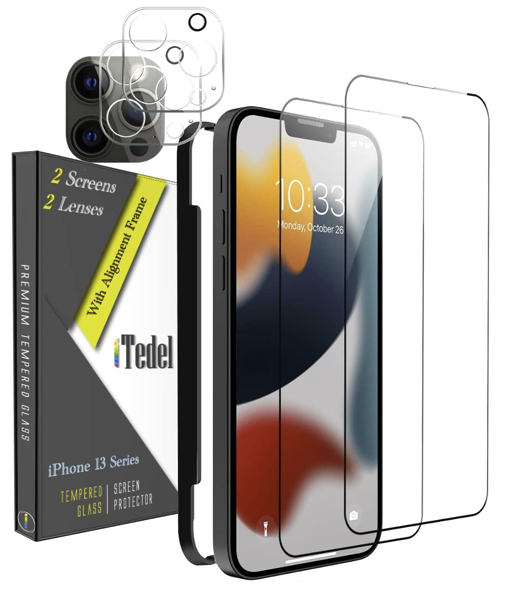 iTedelBundle of 2 Pack iPhone 13 Screen Protectors & 2 Pack Camera Lens Protectors Premium Series Full Coverage Tempered Glass Easy Installation Double Anti Scratch & Fingerprint Coating