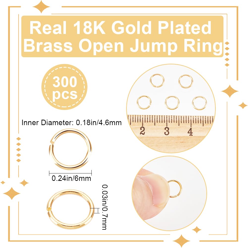 Beebeecraft 1 Boîte De 300 Anneaux Ouverts En Laiton Plaqué Or 18 Carats à Boucle Unique De 6 Mm Pour Fabrication De Bracelets, Colliers, Bijoux