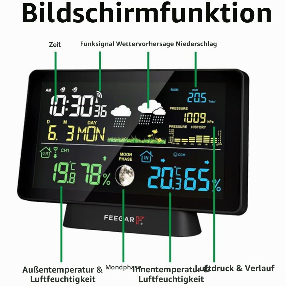 Wireless Weather Station with Digital Rain Gauge, Feegar Forecaster LCD 7,5" Indoor Outdoor Temperature Sensor, Hygrometer, Atomic Clock, Barometer, Digital DCF