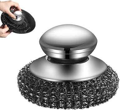 Steel Wool Scrubber with Handle, Upgrade Heavy Duty Stainless Steel Dish Scrubber for Cleaning Dishes, Iron Pots, Stoves, Kitchen Sink,1 Pcs