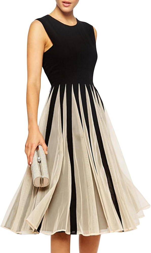 Fecland Women's Slim Ball Fancy Sleeveless Empire Waist Midi Dress Black White M