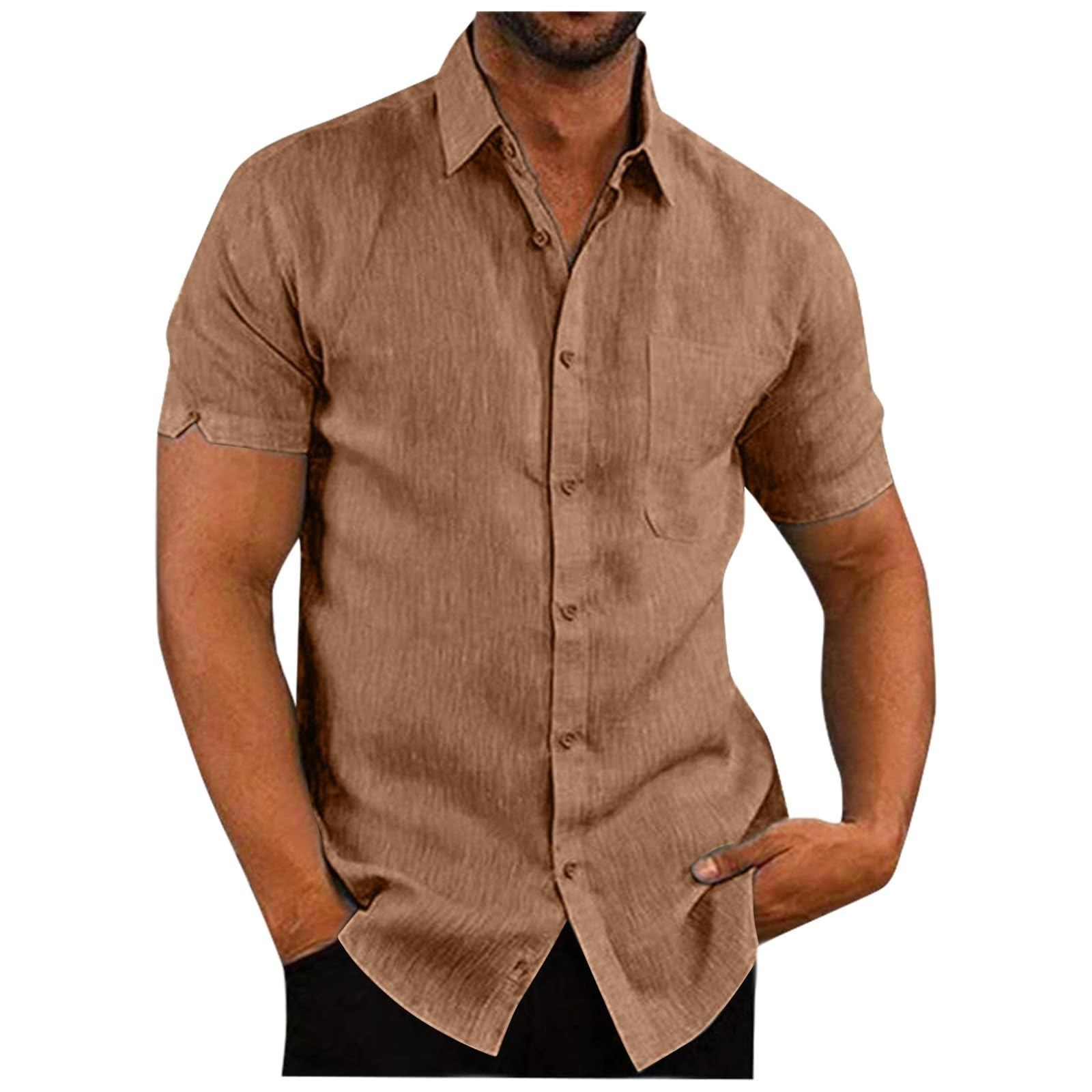 Mens Hawaiian Shirts Short Sleeve Cotton Lined Button Down Shirt Summer Solid T Shirts Beach Collared Tops with Pocket