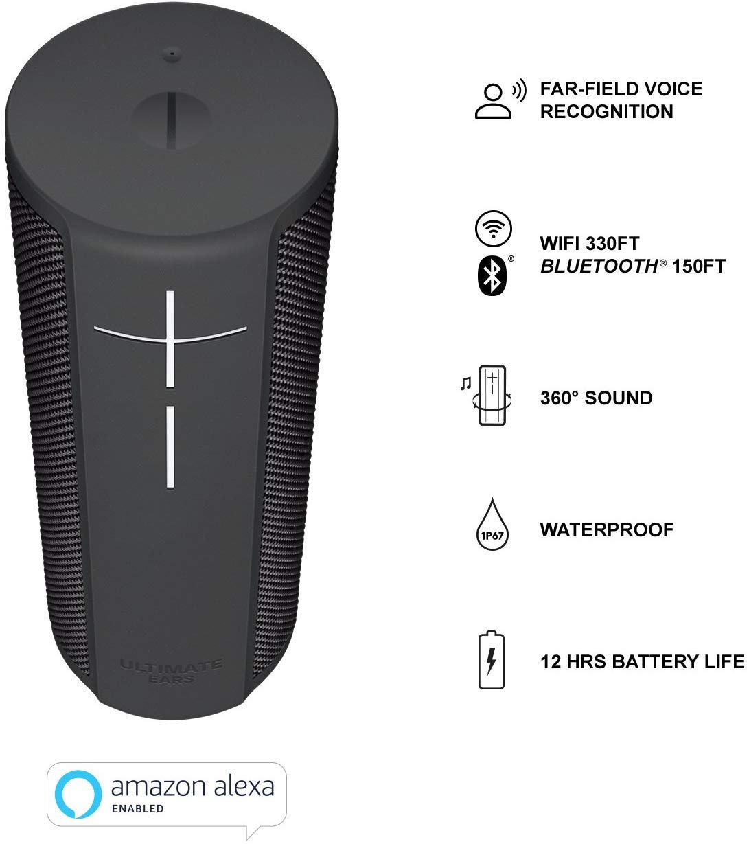 Ultimate Ears Megablast Enceinte sans Fil Portable Connectée, Wifi et Bluetooth, Basses Puissantes, Amazon Alexa Intégrée, Etanche, Batterie 16h, Connection Multiple, Fonction Mains-Libres - Noire