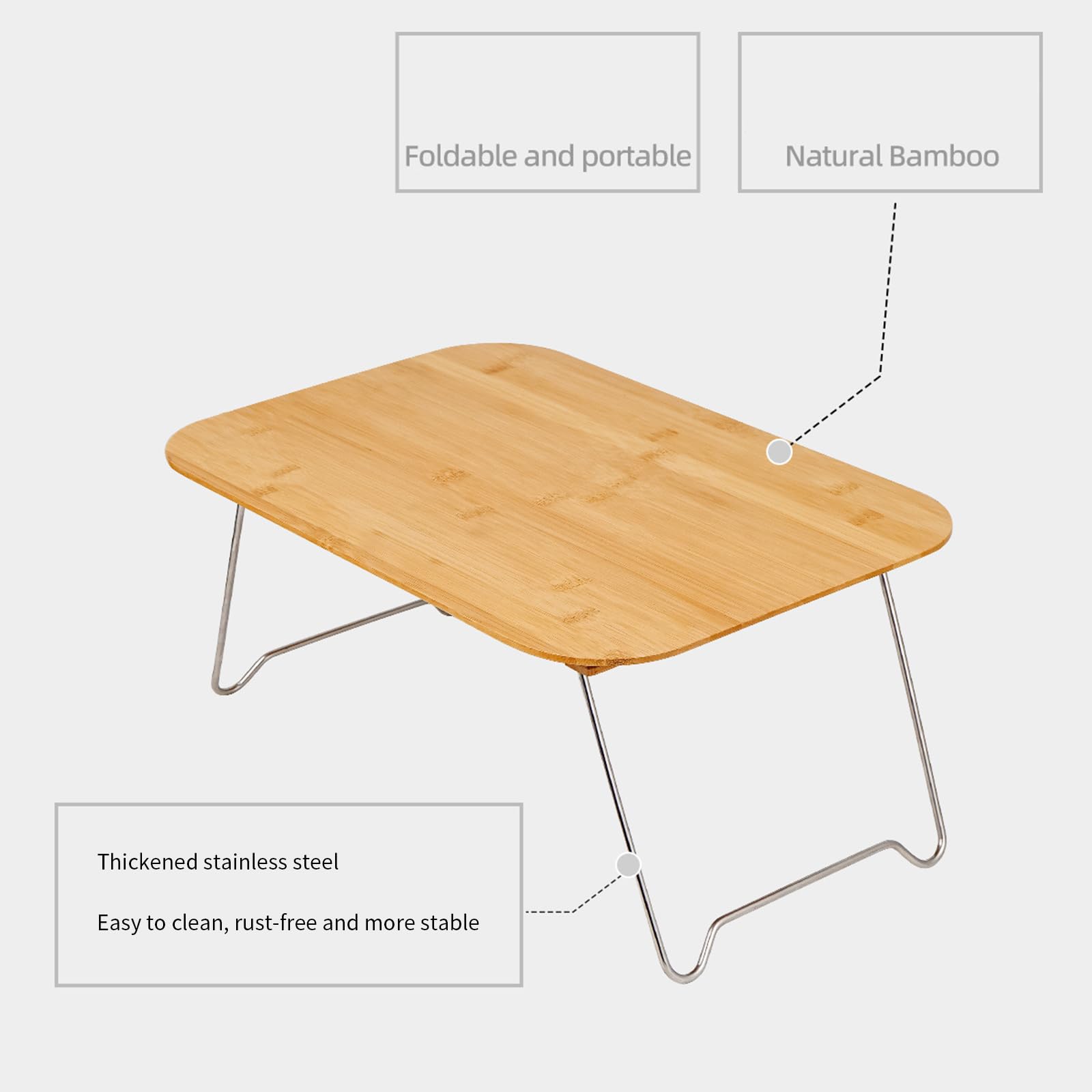 Tragbarer faltbarer Bambustisch für Outdoor-Camping & Picknicks, platzsparendes Design, Edelstahl-Zubehör, leichte Campingausrüstung, perfekt für Reisen