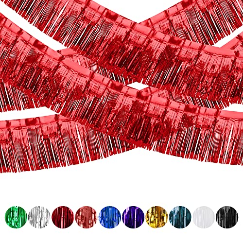 Image of 4 Pack Fringe Curtains, Metallic Foil Fringe Garland Shiny Tassel Float Parade Decorations for Trailer Car Graduation Homecoming Outdoor Indoor 4th of July Party (Red)