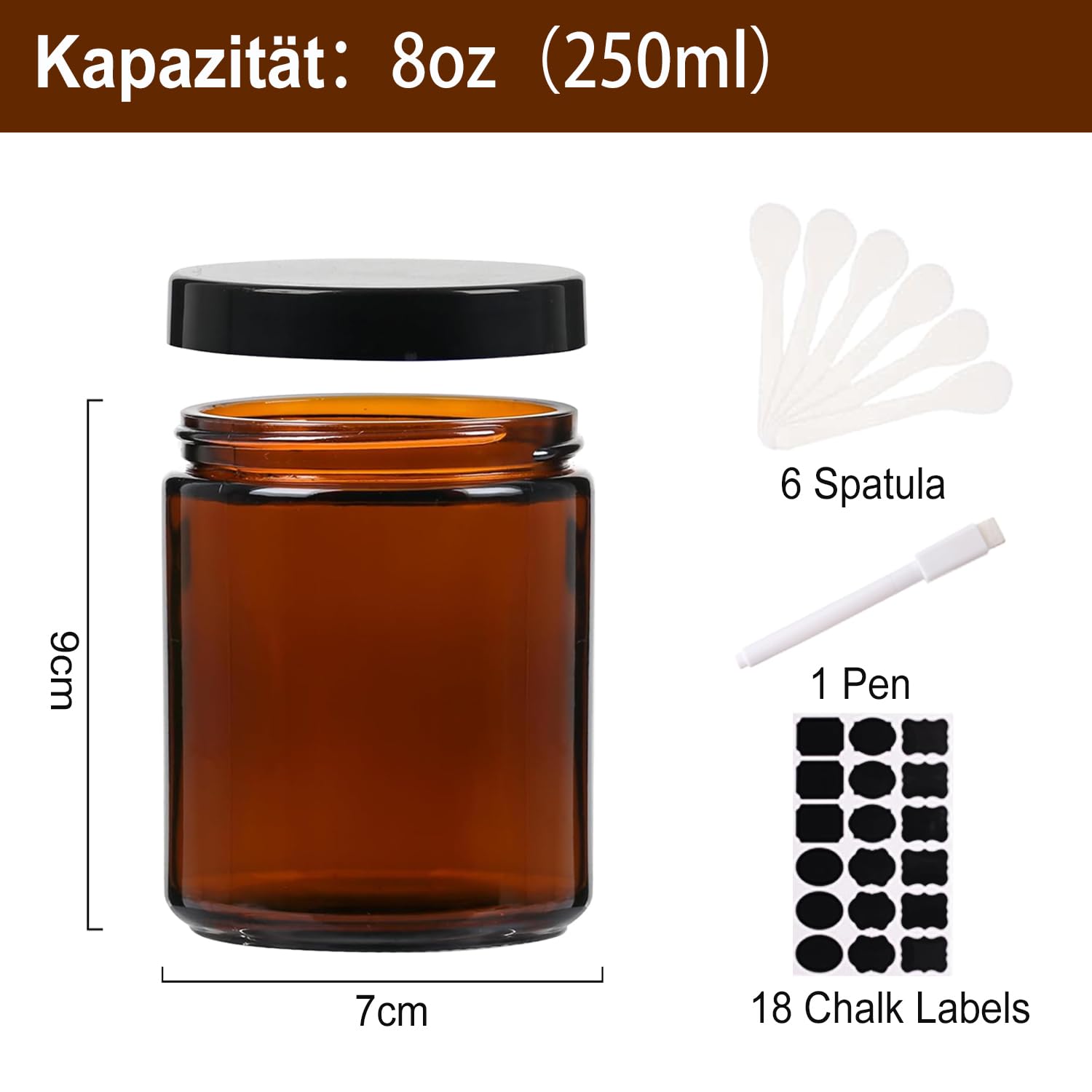 YBCPACK 12 Stück braune Glastiegel 250ml, Braunglas Tiegel mit Deckel, leere Cremedosen zum Befüllen, Salbentiegel für Cremes, Lotionen, Kosmetik und Ätherische Öle