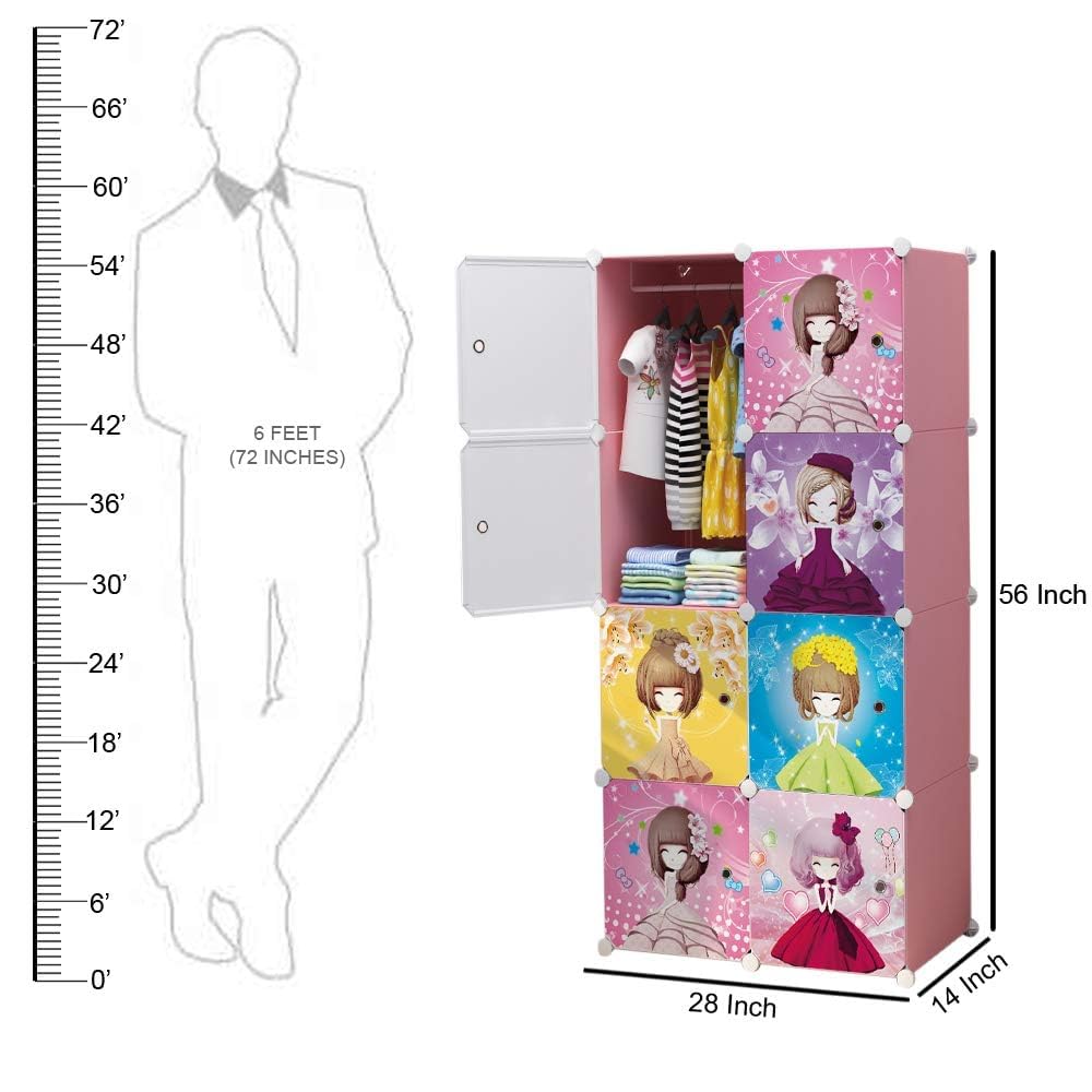 HEMOVIA Collapsible Wardrobe for Clothes - DIY 6 Door Plastic Almirah for Clothes with Doors | Side Hanger,Folding Waterproof Memory Standing Wardrobe for Storage for Home Clothes (Pink, 8-Door) 1