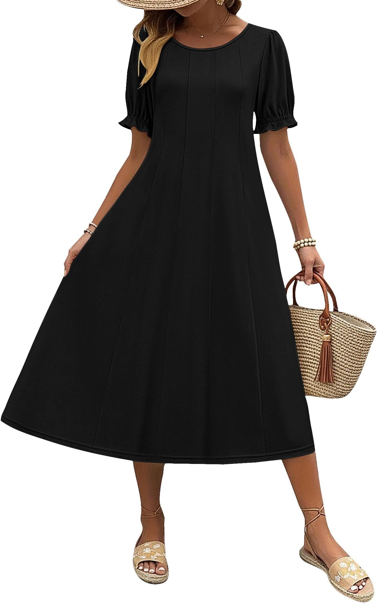 Womens Summer Dress Casual Midi Dresses 2026 Short Puff Sleeve Flare Dress Pleated Flowy Sundress with Pockets