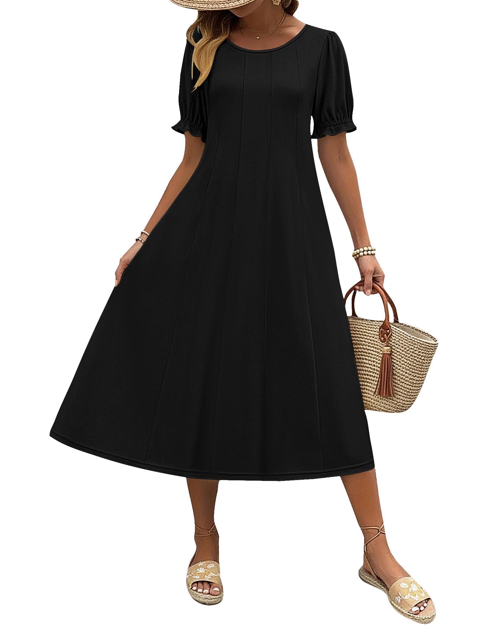 Womens Summer Dress Casual Midi Dresses 2026 Short Puff Sleeve Flare Dress Pleated Flowy Sundress with Pockets