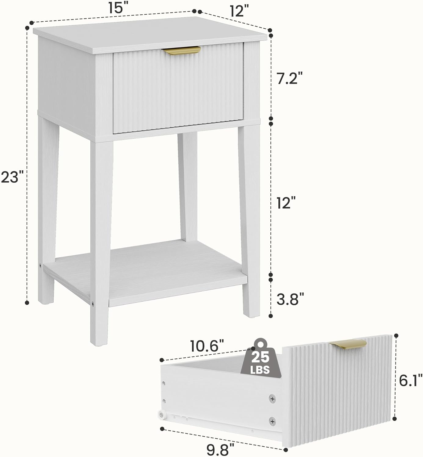Modern Fluted Small Wood Nightstand, 12" Deep x 15" Narrow Bedside Table with Drawer & Open Shelf, Farmhouse Chic Accent Side Table for Bedroom & Sofa - White