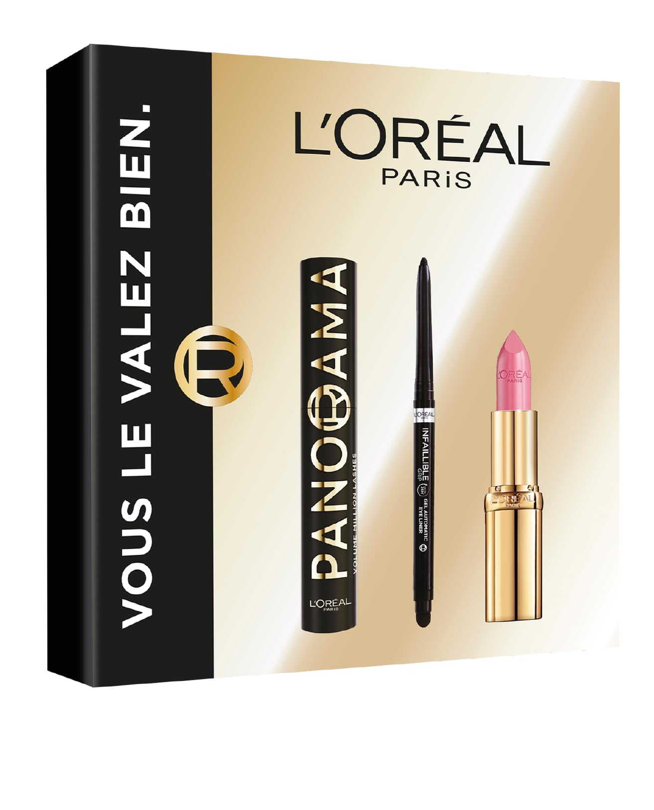 L'Oréal Paris – Geschenkbox – Mascara Panorama All Night Black, Eyeliner Infaillible Grip Liner Schwarz, Lippenstift Color Riche Satin Rosa – tatsächliche Größen