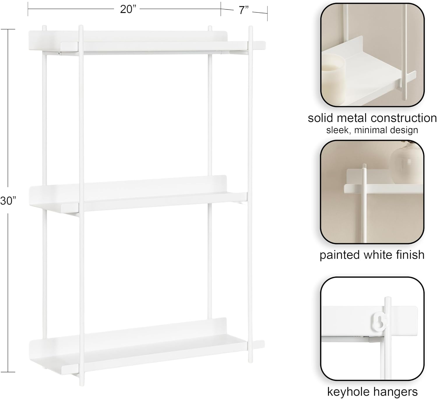 Kate and Laurel Dominic Modern Metal Bathroom Shelf; 20 x 7 x 30; White; Contemporary Sleek 3-Tier Floating Shelves for Wall Decor; Display; and Over Toilet Storage