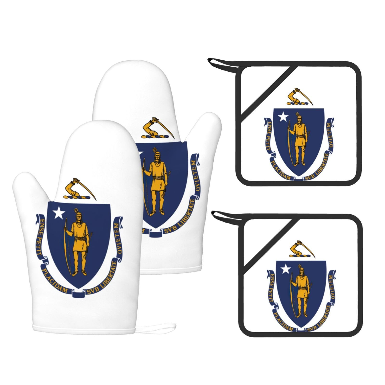 Massachusetts State Flag Printed Kitchen Oven Gloves and Potholder 4 Pcs, Non-Slip Heat Resistant Mitts for Baking Chef