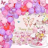 102 Pieces Butterfly Birthday Party Decoration Set Happy Birthday Butterfly Party Backdrop Banner Butterflies Balloon Hollow Butterflies Birthday Cake Topper Butterfly Theme Party Supplies for Girl