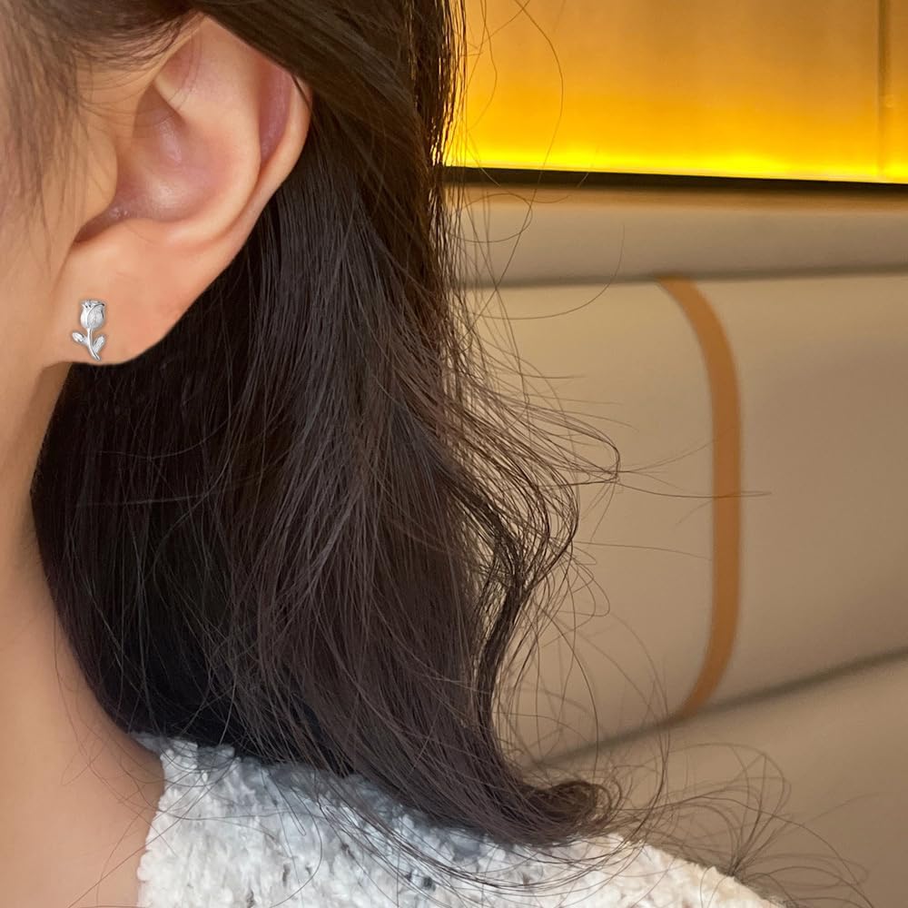 925 Sterling Silver Tulip Stud Earrings for Women Petals Floral Small Studs Cartilage Earrings Dainty Flower Lightweight Hypoallergenic Ear Jewelry - Image 2
