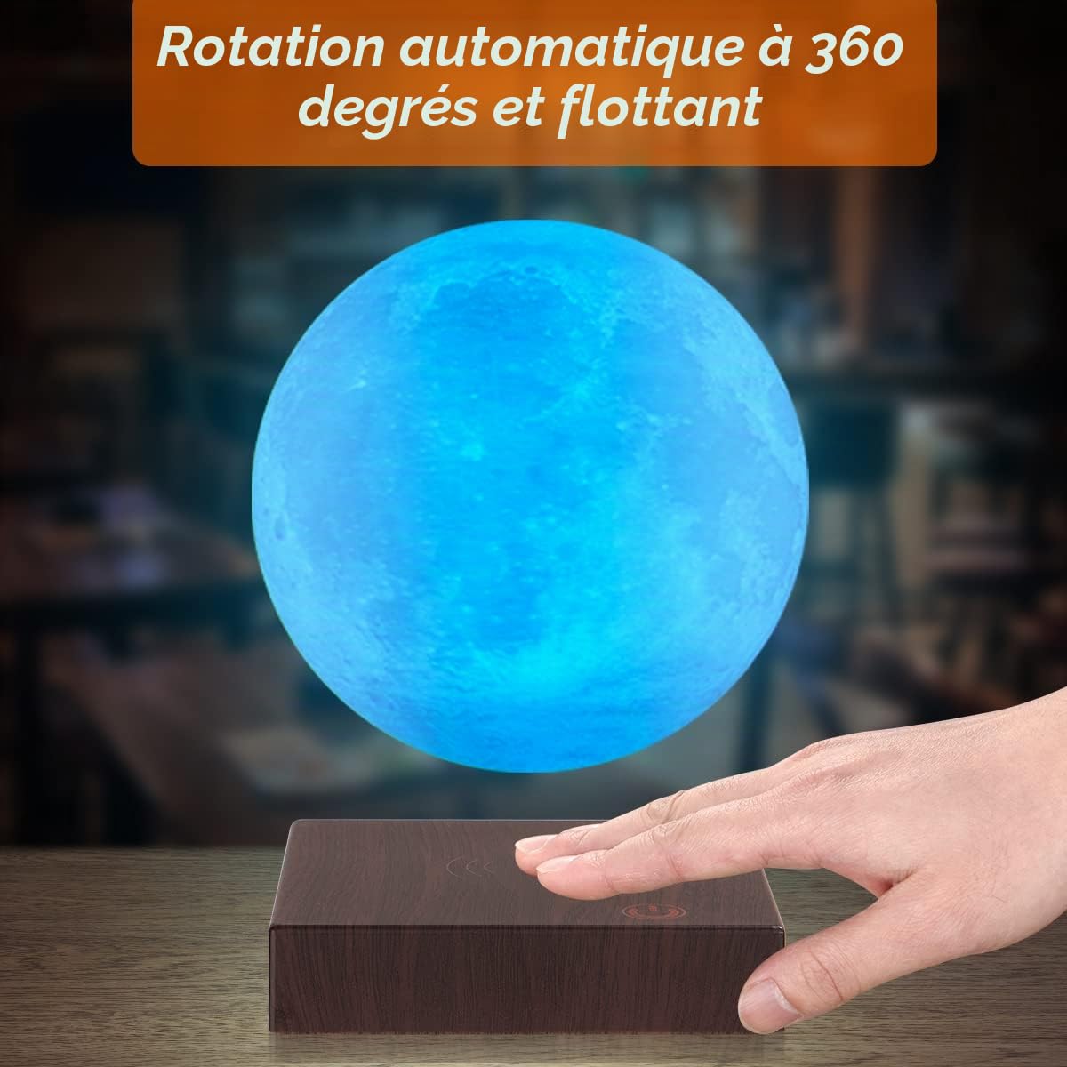 Lampe de lune en lévitation flottant et tournant librement dans l'air avec une base en faux bois de luxe et une impression 3D LED Moon Light, pour des cadeaux uniques