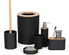6pc Bathroom Sink Accessory Set With Bamboo Trim - Modern Vanity Organiser Kit - Tumbler, Toothbrush & Toilet Brush Holder, Lotion Dispenser, Soap Dish & Trash Bin Ribbed - Black