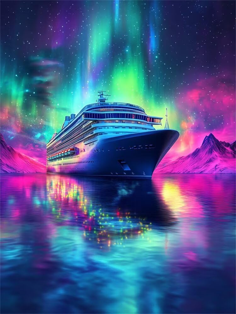 Cruise Ship Diamond Art Painting Kits, DIY 5D Diamond Painting Kits for Adults, Full Round Drill Diamond Art Aurora Borealis 30x40cm/12x16inch, Crystal Arts Crafts for Home Wall Decor Gifts -YZ1168