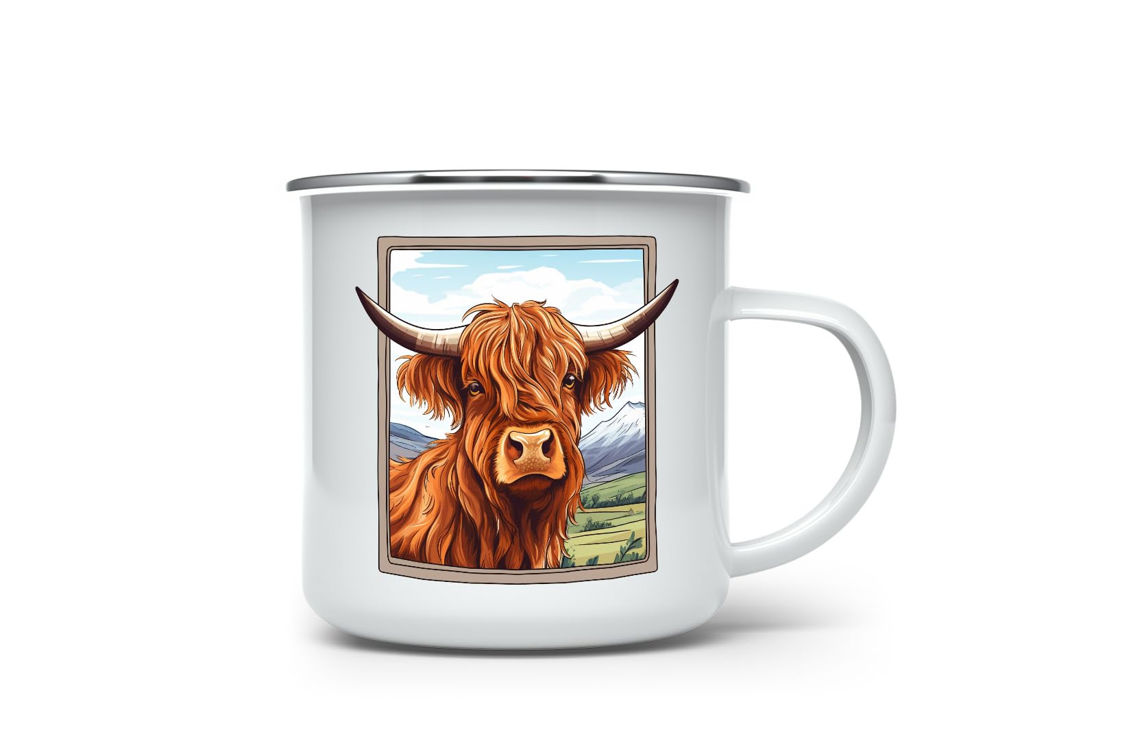MAXIKIWI - Durable Enamel Coffee or Tea Camping Mug for Indoor Outdoor Use - Funny Highland Cow Outside The - 350ml