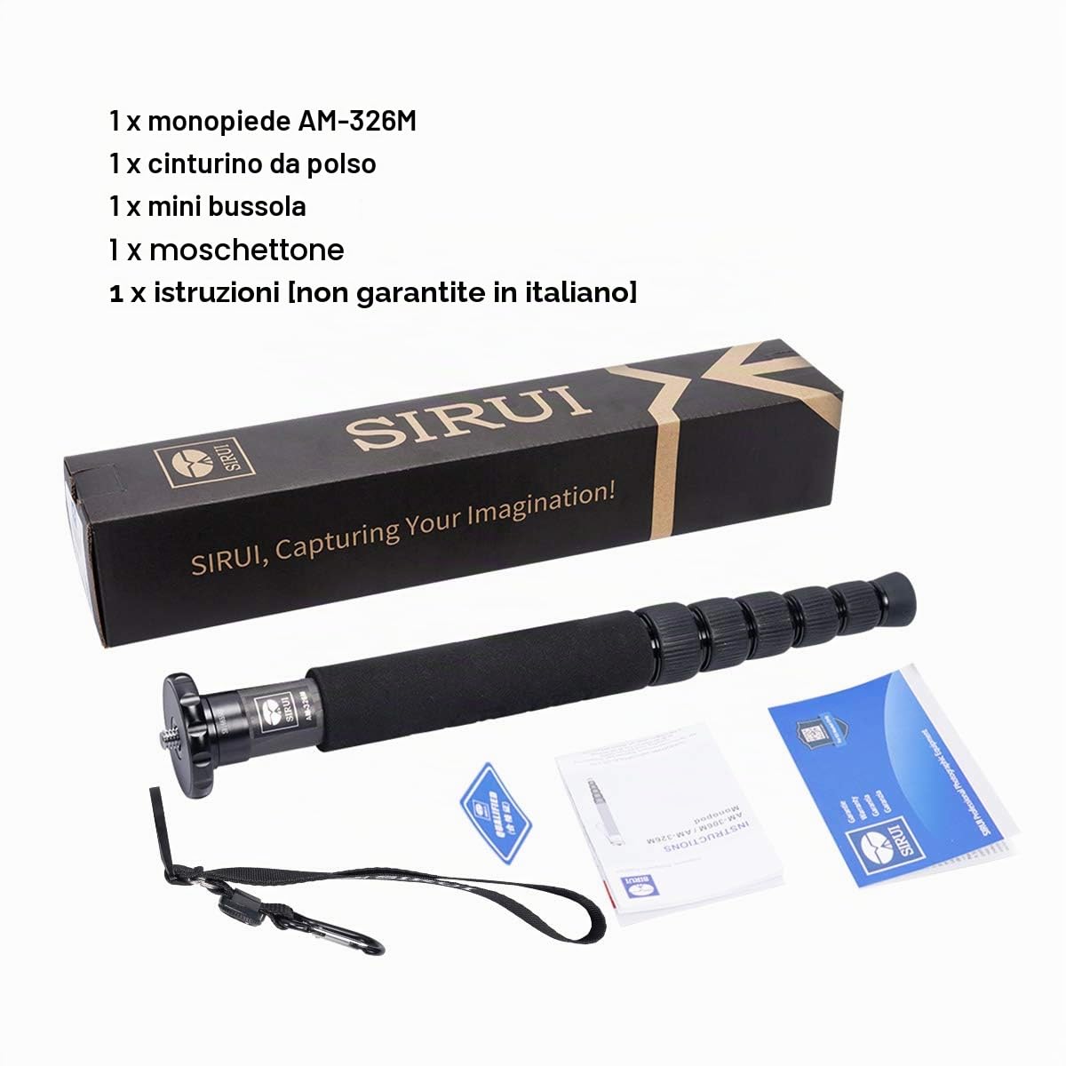 SIRUI AM-326M 156cm Monopiede Fotografico Professionale a 6-Sezioni, Portatile Monopod in Carbonio per Fotocamera Reflex, Monopiede da Viaggio Leggero, Carico Massimo 10KG