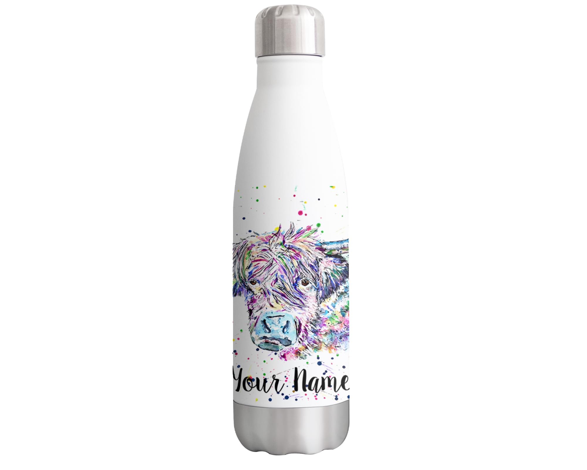 Vixar Highland Cow Personalised Custom Bottle with your Text/name Watercolour Scottish farm Animals Bottle Double Wall Insulated Stainless Steel Sport Drinks 500ml HC2