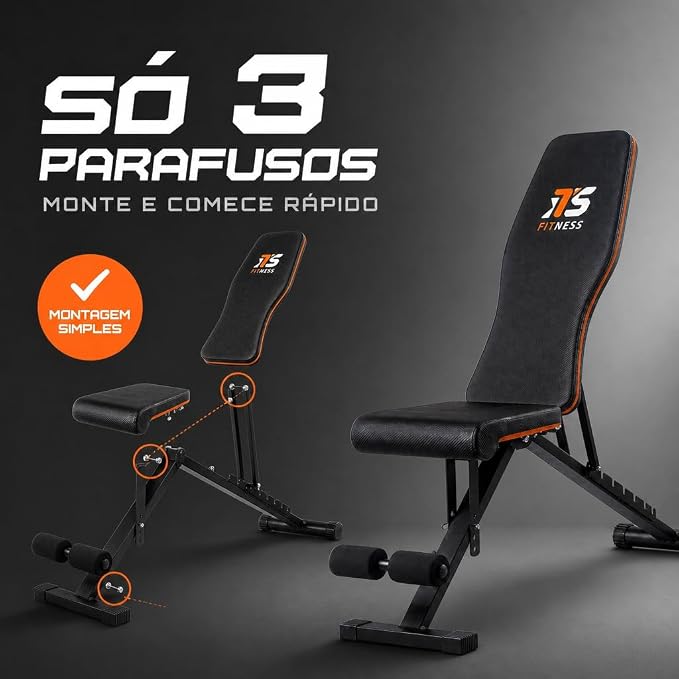 Diagrama de montagem rápida do banco Its Fitness destacando o uso de apenas 3 parafusos para fixação das partes