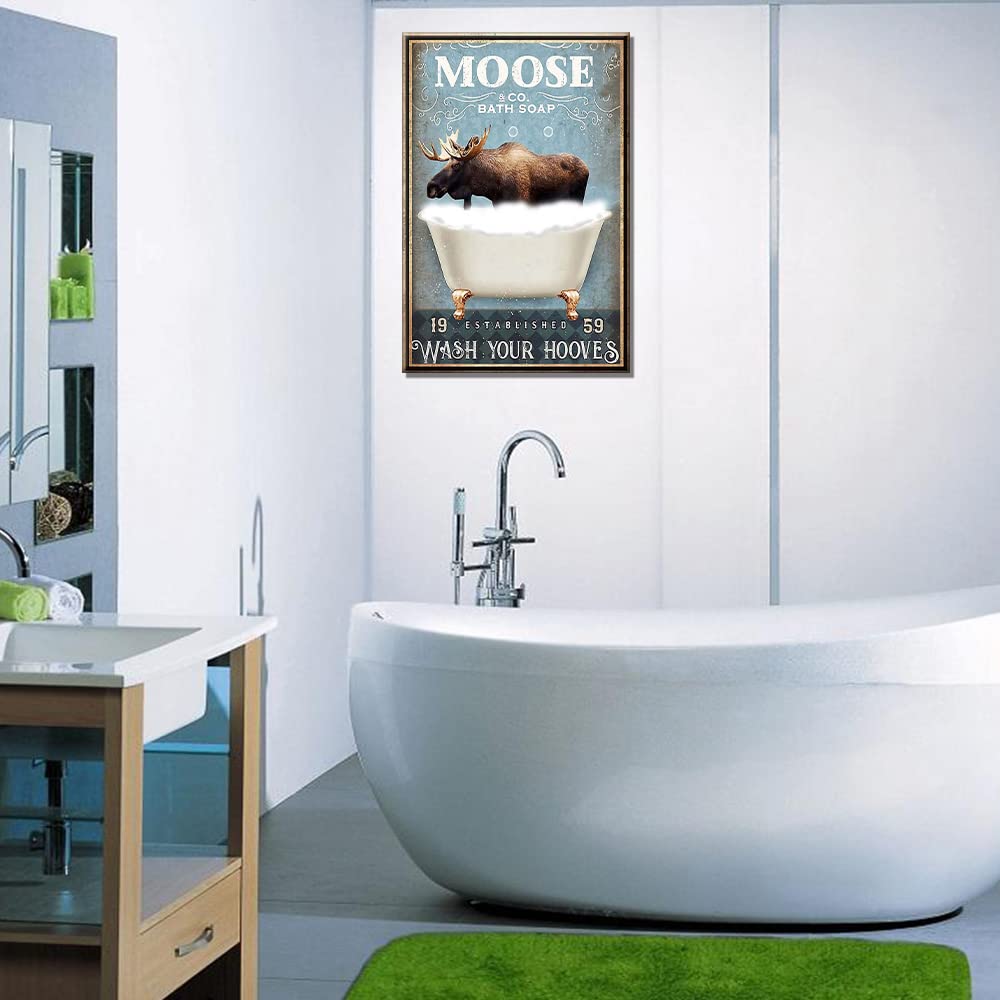 Moose Decor Bathroom Wall Decor Canvas Framed Moose Poster Decor Moose Lovers Gifts Home Wall Art Bathtub Accessories Farmhouse Office Wall Decoration Christmas Gifts Ready to Hang - Image 2