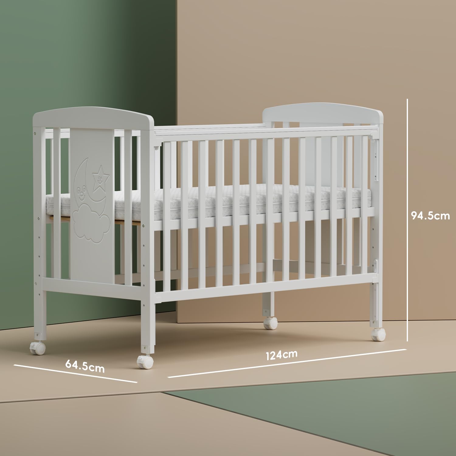 Lit en bois 3-en-1 pour bébé, berceau, lit convertible avec barrière de dentition, 5 positions réglables de base, matelas de 6 cm inclus, adapté de la naissance aux 4 ans, conforme à la norme EN716