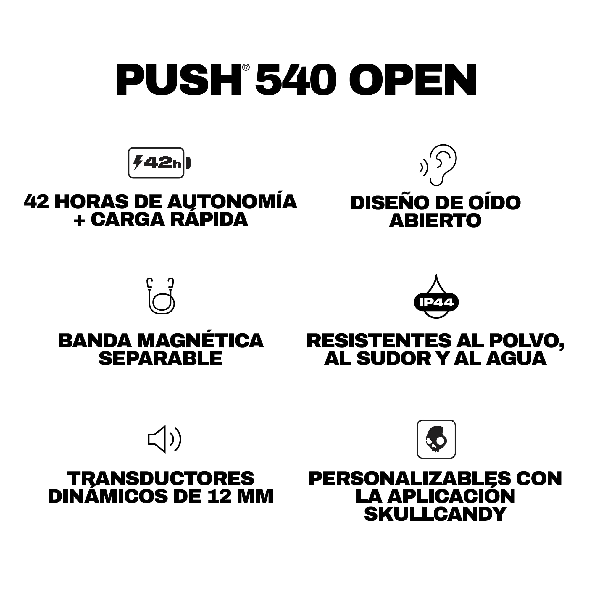 Skullcandy Push 540 Open Auriculares Open Ear Inalámbricos Bluetooth Resistentes al Agua y al Sudor, 42 Horas de Autonomía, Banda Magnética Separable, Ajuste Seguro - Rojo