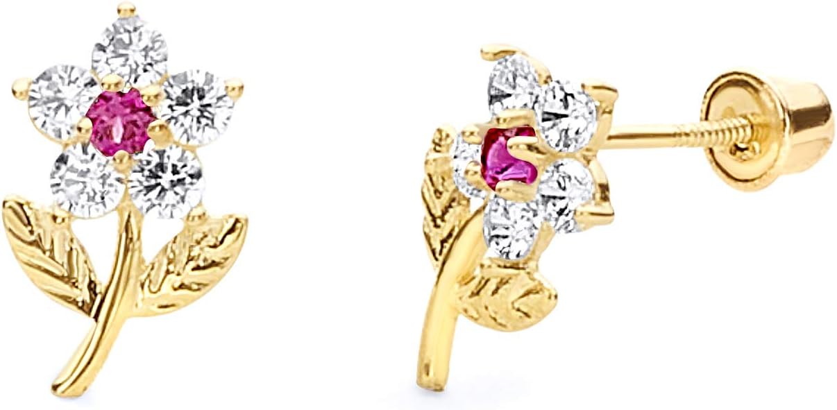14k Yellow Gold Flower Stud Earrings with Screw Back - 2 Different Color Available