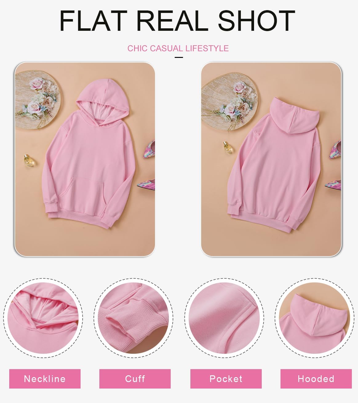 SHEWIN Women's Casual Hoodies Long Sleeve Solid Lightweight Pullover Tops Loose Sweatshirt with Pocket - Image 5