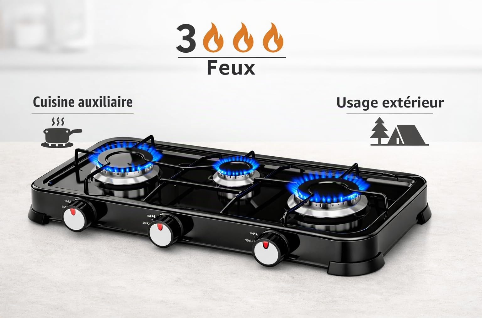 Réchaud à gaz portable à 3 feux pour extérieur, réchaud à gaz butane et propane avec couvercle amovible, flamme réglable, 5,4 kW, cuisinière d'appoint compacte (3 feux)