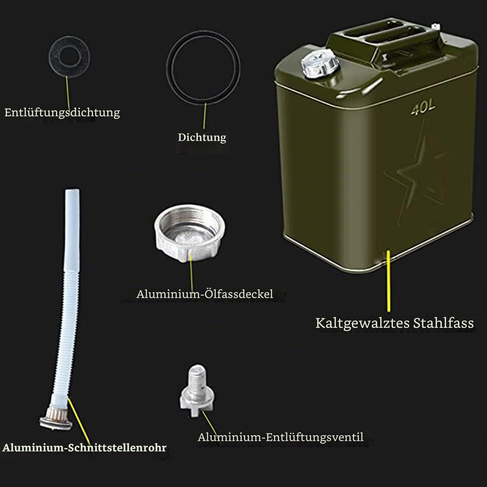10l, 20l, 25l, 30l, 35l,40l, 50l, 60l Benzinkanister Metall Verdicktem, Tragbarer Kraftstoff Kanister, Transport/lagerung/Reisen/Camping/benzindiesel,10L
