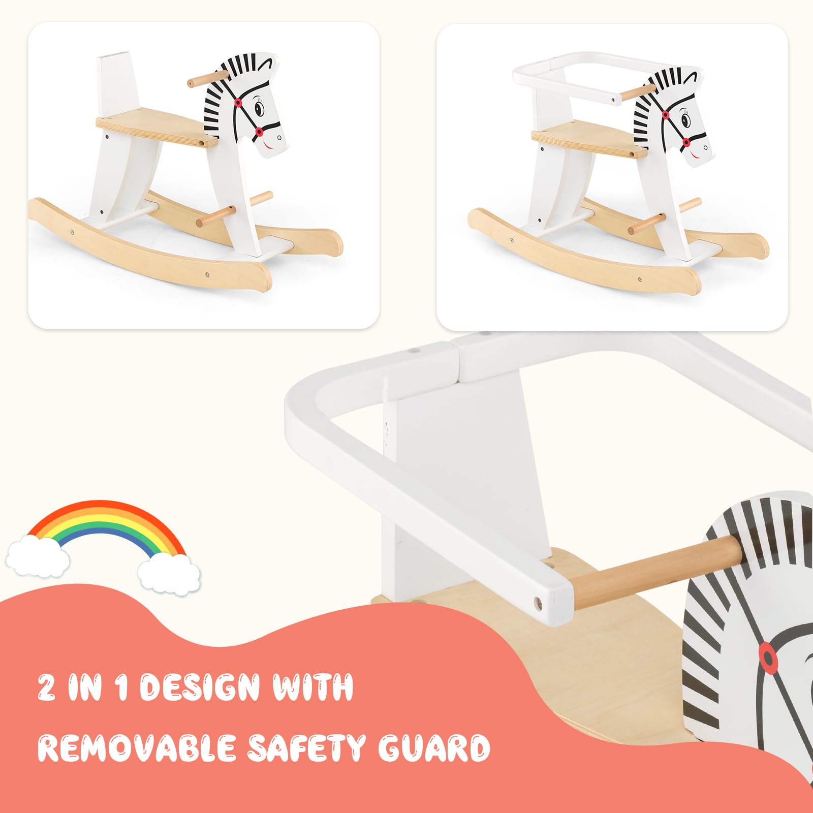 HOMASIS 2 in 1 Schaukelpferd Zebra, Baby Schaukelstuhl aus Holz, Weiß Schaukeltier mit Abnehmbarem Zaun & Griffe & Fußstütze, Schaukelwippe Tragkraft 40 kg, Schaukelspielzeug für Kinder ab 3 Jahren