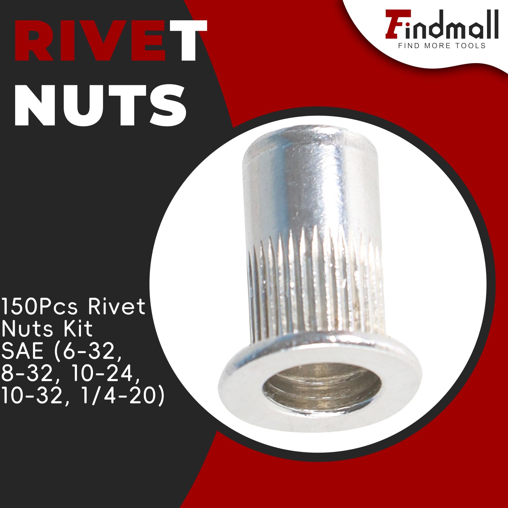 Kit de 150 Tuercas remachables SAE (6-32, 8-32, 10-24, 10-32, 1/4-20) de Aluminio, con Cabeza Plana y Rosca. Surtido de Tuercas remachables.