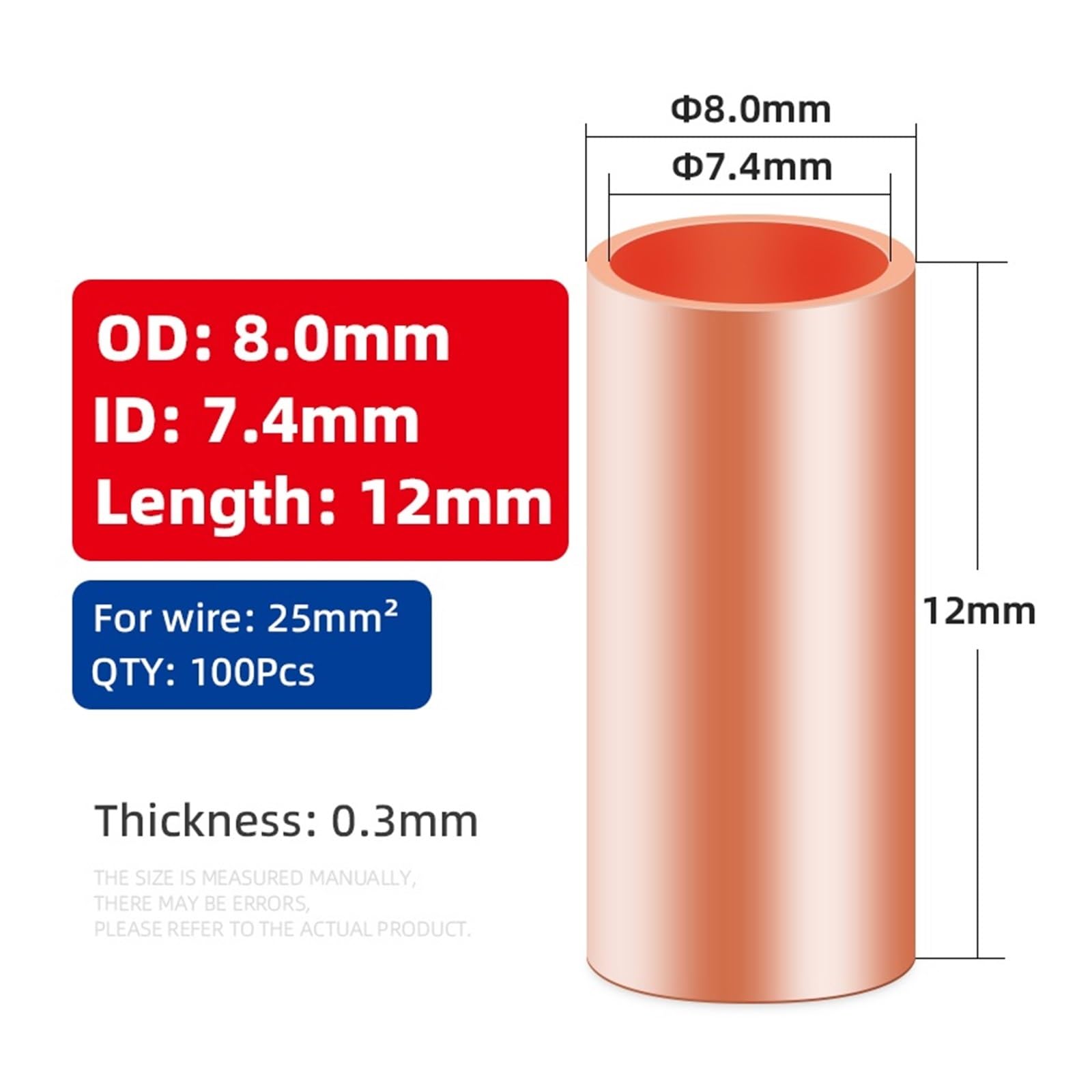 100Pcs GT Copper Connecting Pipe Wire Joint Small Copper Tube Terminal Cable Lug Connection Tube Wire Connector(GT-7.4 100Pcs)