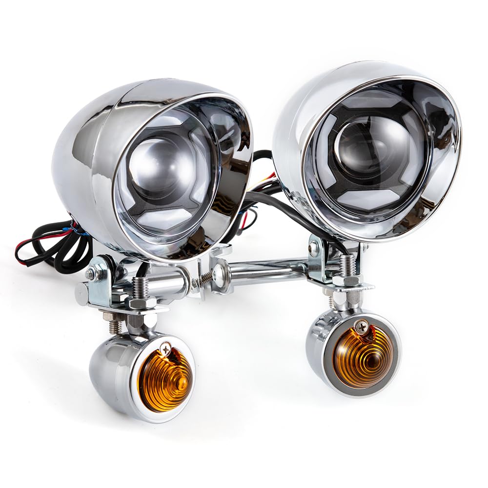Faro anabbagliante per moto, indicatore di direzione con supporto per cruiser, chopper, cafe racer e moto custom. Gruppo ottico supplementare. (Guscio giallo)