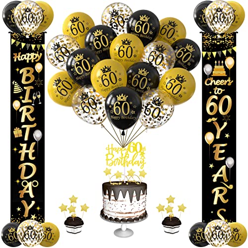 HLEIUKT 60e anniversaire 60e anniversaire homme femme ballons noirs or ballons en latex décoration anniversaire 60 ans avec bannière Happy Birthday et décoration de gâteau fête réutilisable Cover