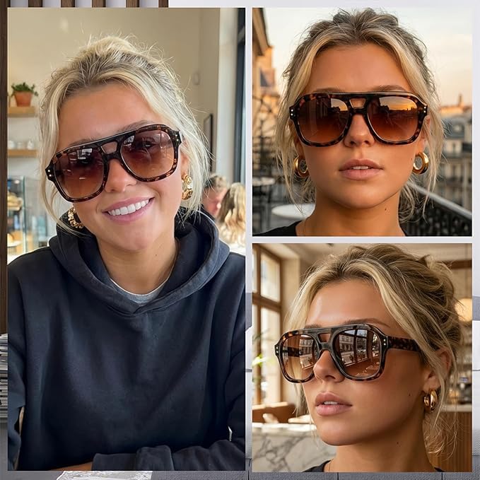 Image of FEISEDY Vintage Aviator Sunglasses Double Bridge Women Men Large Square Thick Frame Trendy Eyewear UV400 B2846