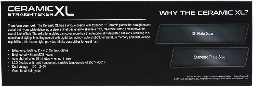 HAI Ceramic XL Professional Flat Iron - Extra Long Plates for Fast Styling - 450F Max Temperature