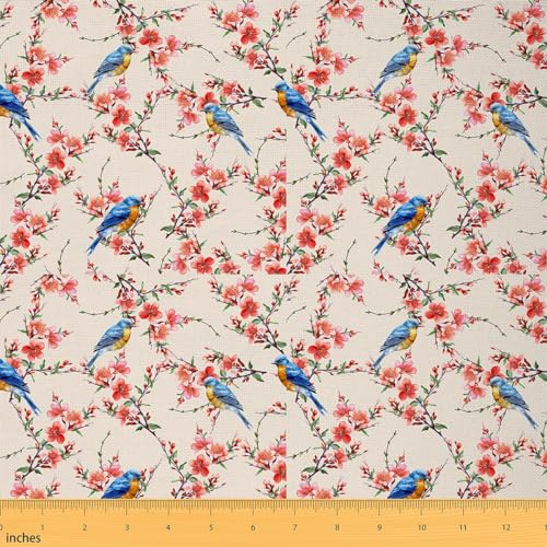 Feelyou Birds Fabric by The Yard, Farmhouse Cute Birds Floral Upholstery Fabric for Chairs, Nature Flowers Tree Branches Decorative Waterproof Outdoor Fabric, 1 Yard, Red Blue